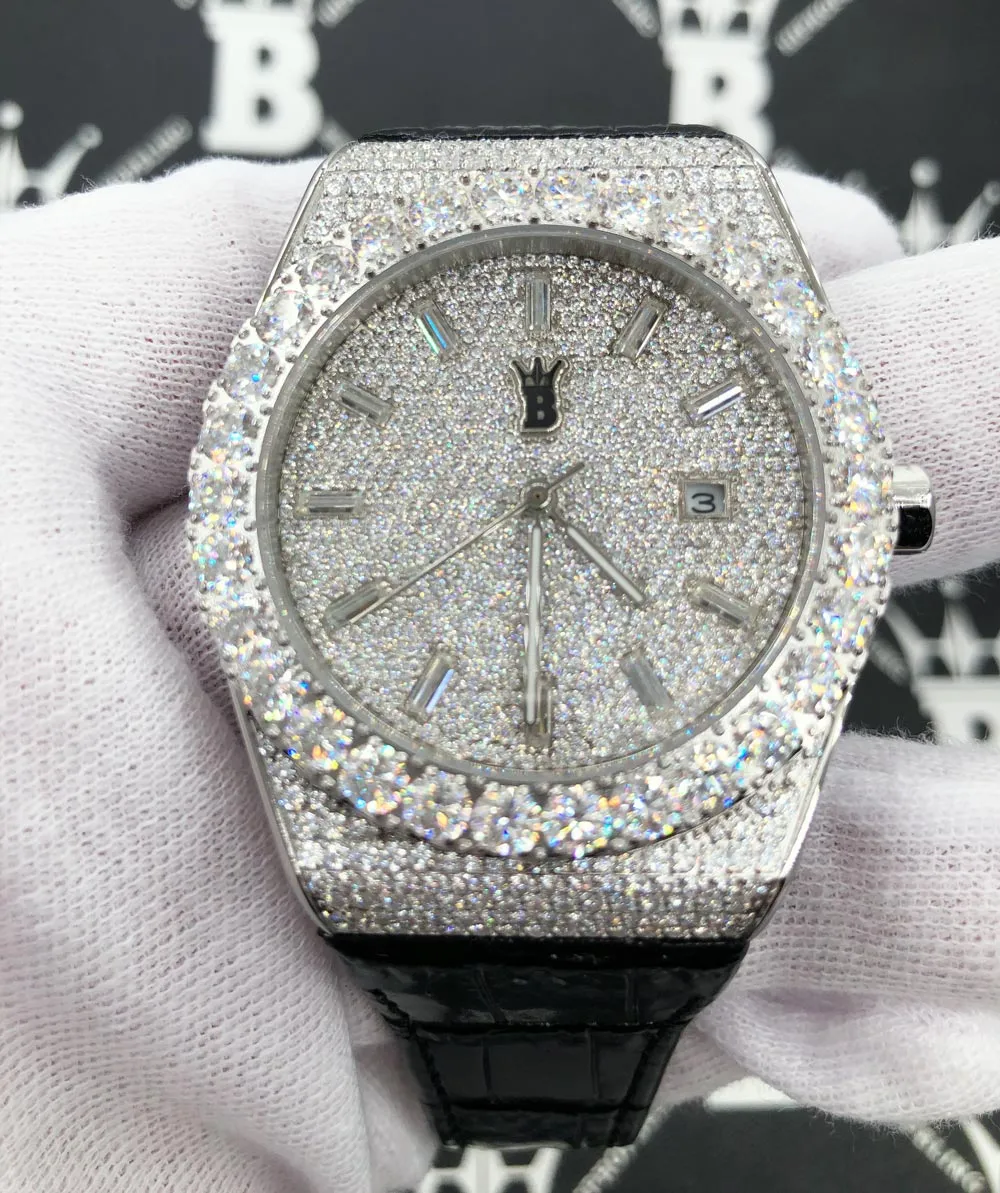 Moissanite Crown Hip Hop Bling Bustdown Leather Watch 20 Carats