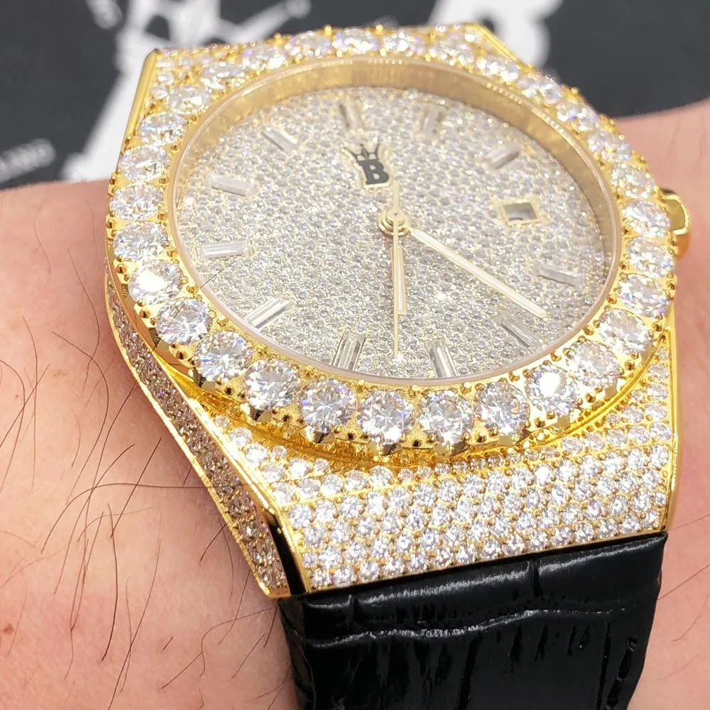 Moissanite Crown Hip Hop Bling Bustdown Leather Watch 20 Carats