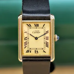 Must de Cartier Tank Watch 925 Gold Plated Case 23x30mm Roman Numerals Dial Manual-Wind Wristwatch