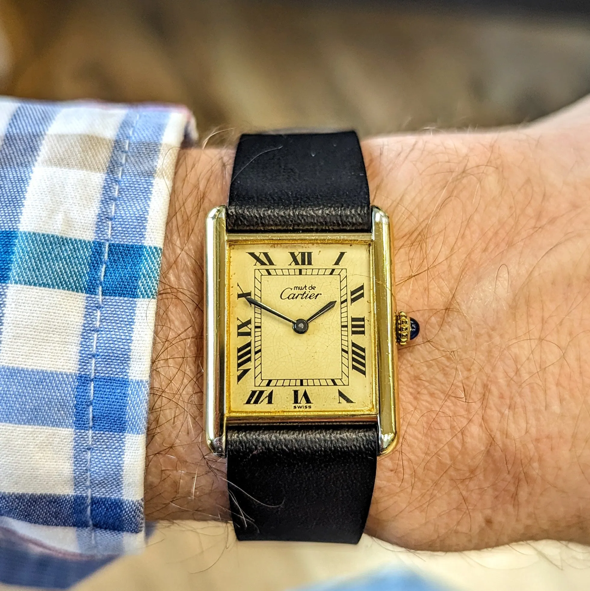 Must de Cartier Tank Watch 925 Gold Plated Case 23x30mm Roman Numerals Dial Manual-Wind Wristwatch