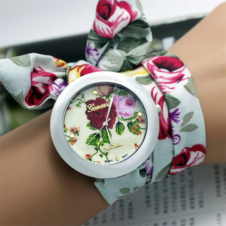 New design Ladies flower cloth wrist watch fashion women dress watch high quality fabric watch sweet girls watch