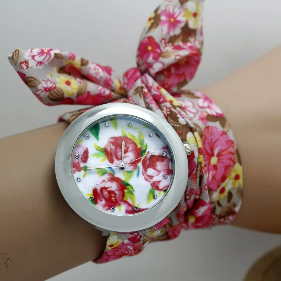 New design Ladies flower cloth wrist watch fashion women dress watch high quality fabric watch sweet girls watch