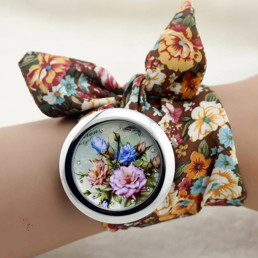 New design Ladies flower cloth wrist watch fashion women dress watch high quality fabric watch sweet girls watch