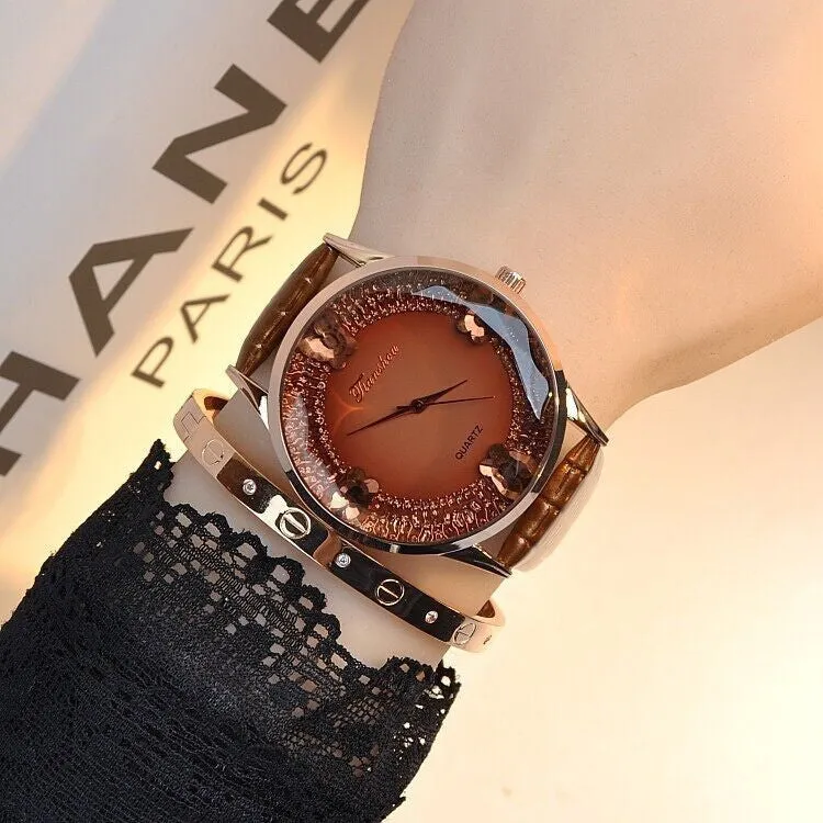 New fashion luxury brand Large Dial Diamond Watch women leather color diamond quartz watch