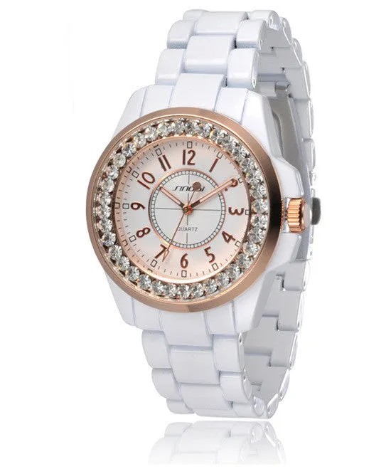 New SINOBI Bling Diamonds Rhinestone Luxury Ceramic-White Style Ladies Dress Watch Women Fashion Wristwatch Gifts