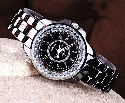 New SINOBI Bling Diamonds Rhinestone Luxury Ceramic-White Style Ladies Dress Watch Women Fashion Wristwatch Gifts
