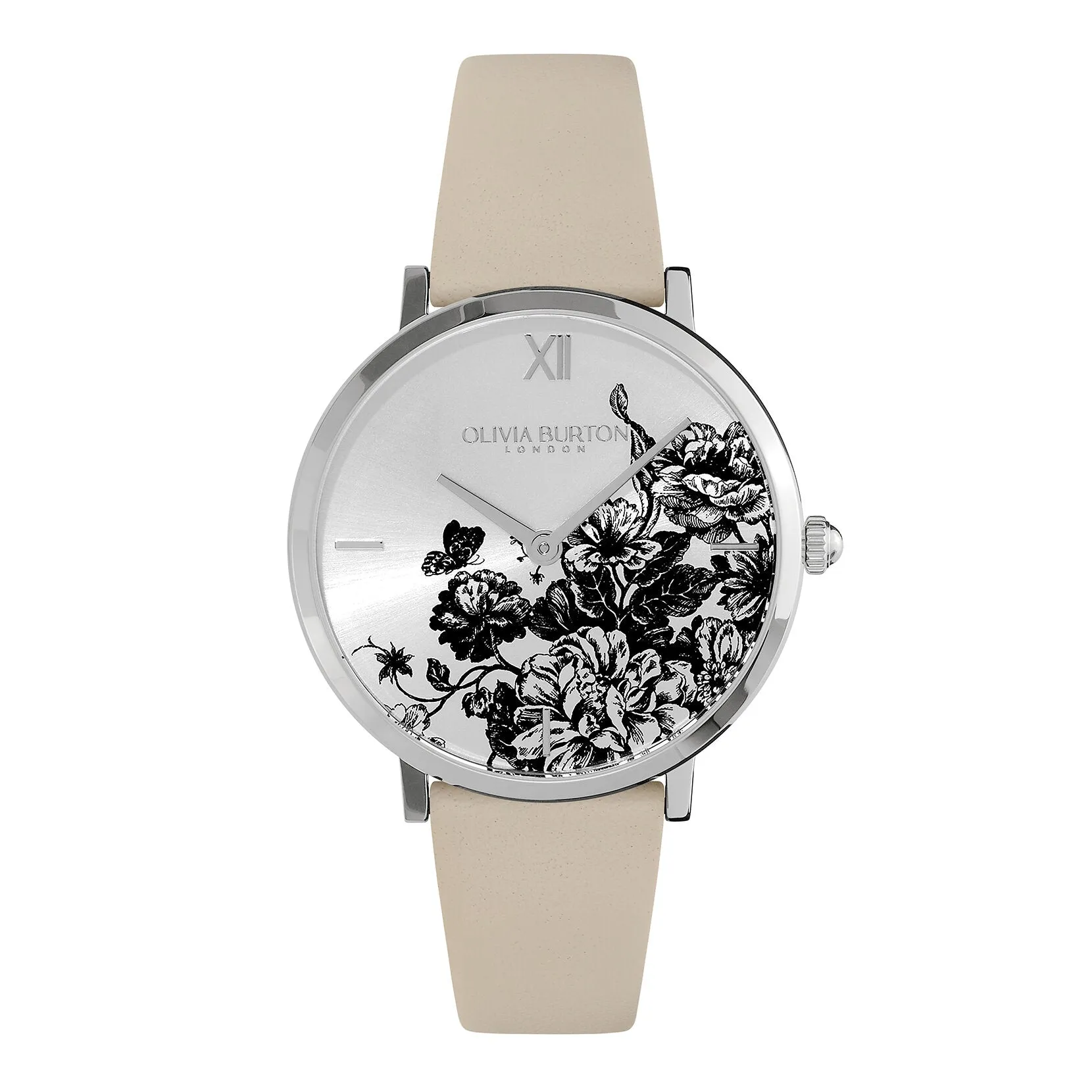 Olivia Burton Signature 35mm Floral Blooms Ultra Slim Silver & Antique Pearl Leather Strap Watch