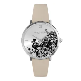 Olivia Burton Signature 35mm Floral Blooms Ultra Slim Silver & Antique Pearl Leather Strap Watch
