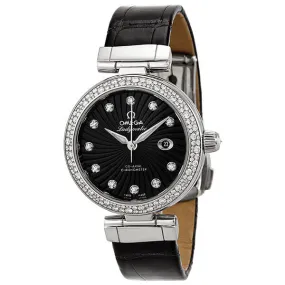 Omega DeVille Ladymatic Black Diamond Dial Stainless Steel Black Leather Ladies Watch 425.38.34.20.51.001
