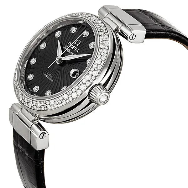 Omega DeVille Ladymatic Black Diamond Dial Stainless Steel Black Leather Ladies Watch 425.38.34.20.51.001
