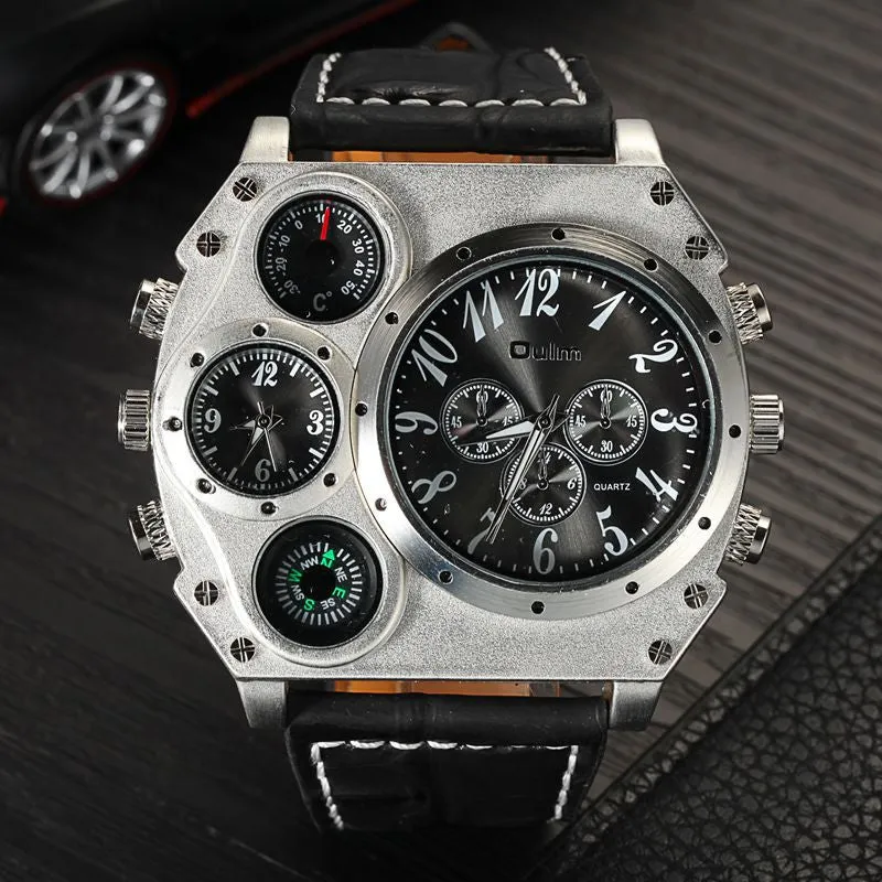 Oulm Mens Designer Watches Luxury Watch Male Quartz-watch 3 Small Dials Leather Strap Wristwatch relogio masculino