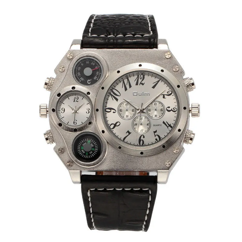 Oulm Mens Designer Watches Luxury Watch Male Quartz-watch 3 Small Dials Leather Strap Wristwatch relogio masculino
