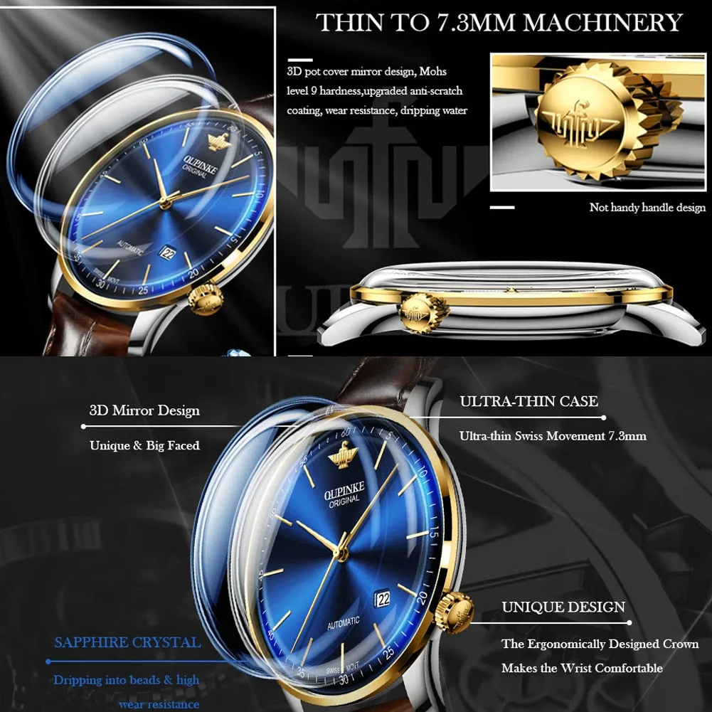 OUPINKE Original Mechanical Watches for Men Luxury Real Diamond Sapphire Crystal Roman Numerals Business Dress Style Wrist Watch