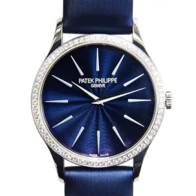 Patek Philippe Calatrava Blue Dial Diamond 18kt White Gold Ladies Watch 4897G-001