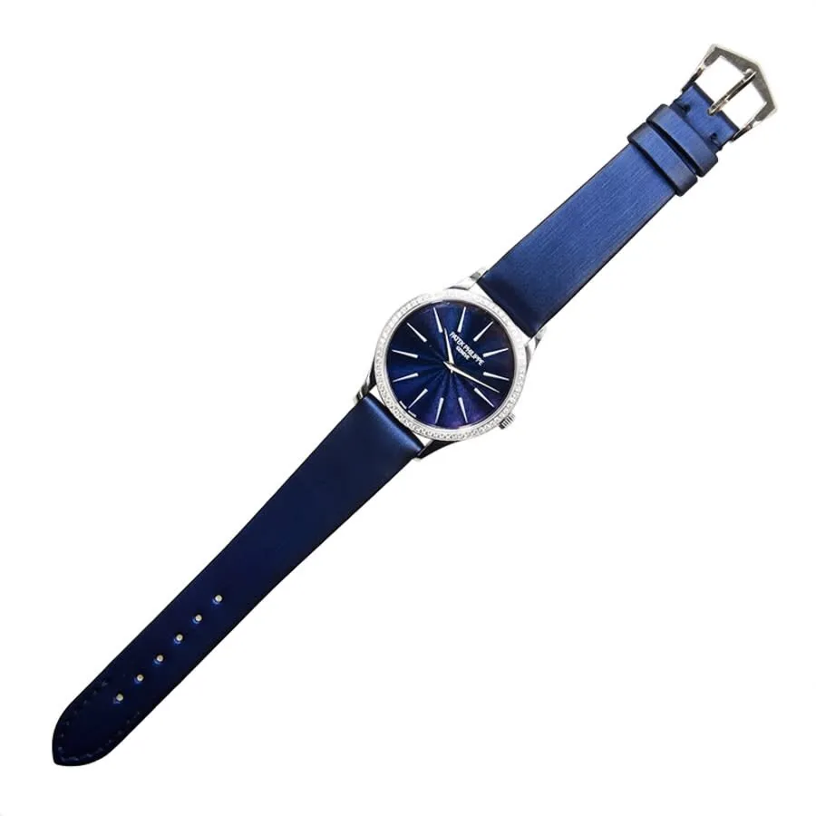 Patek Philippe Calatrava Blue Dial Diamond 18kt White Gold Ladies Watch 4897G-001