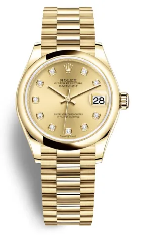 Rolex Datejust 31 Champagne Diamond Dial Automatic 18kt Yellow Gold Rolex President Watch 278248CDP