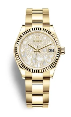 Rolex Datejust 31 Mother of Pearl Butterfly Diamond Pave Ladies 18kt Yellow Gold Watch 278278PAVEO