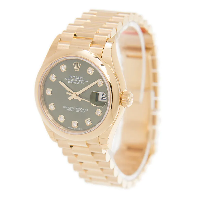 Rolex Datejust 31 Olive Green Diamond Dial Automatic Ladies 18kt Yellow Gold President Watch 278248GNDP