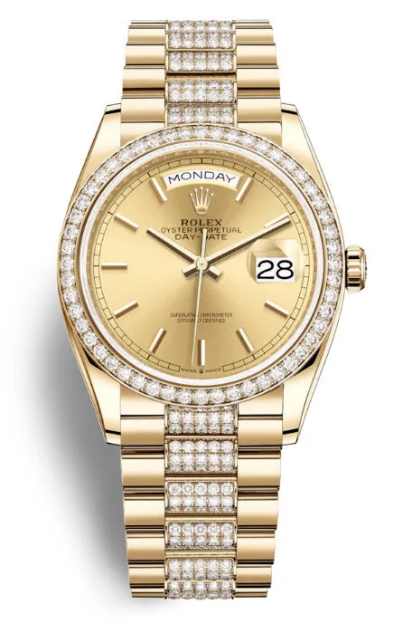 Rolex Day-Date 36 Automatic Champagne Dial 18kt Yellow Gold Diamond Set President Watch 128348CSDP