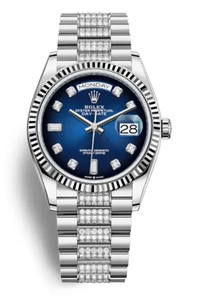 Rolex Day-Date 36 Blue Dial 18kt White Gold Diamond Set President Watch 128239BLDDP