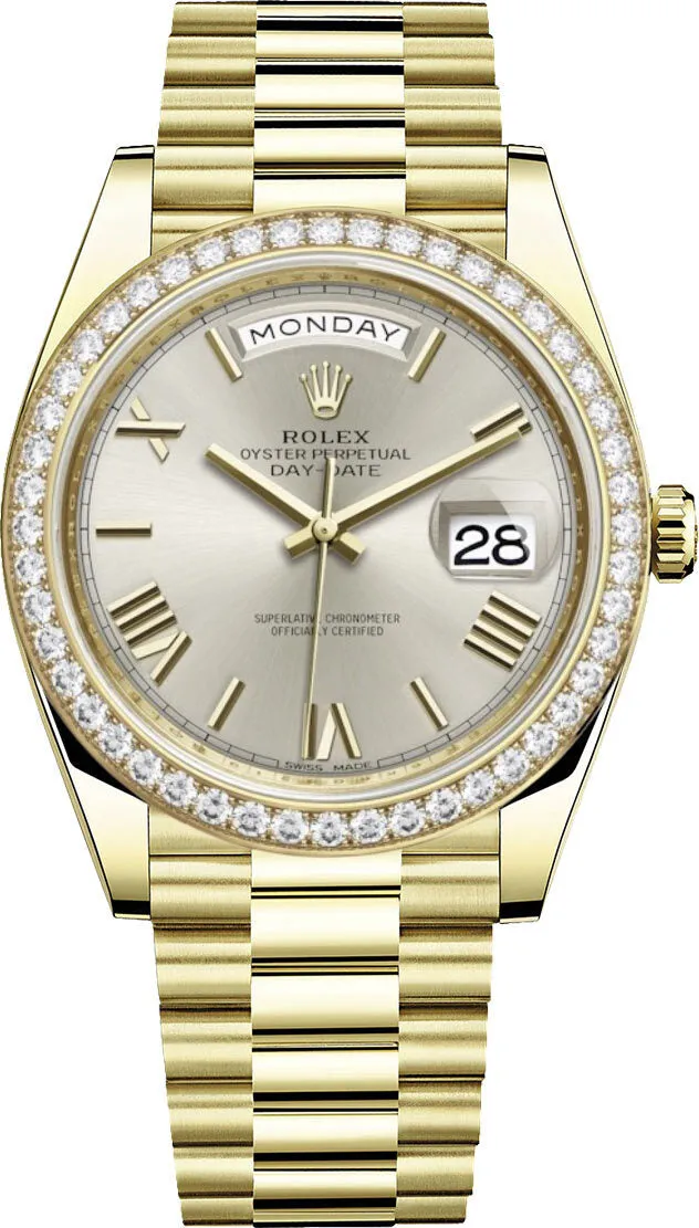 Rolex Day-Date 40 Silver Diagonal Motif Dial Automatic Men's 18kt Yellow Gold President Watch 228348SRP