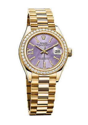Rolex Lady-Datejust 28 Lilac Dial 18K Yellow Gold President Automatic Ladies Watch 279138LIRDP