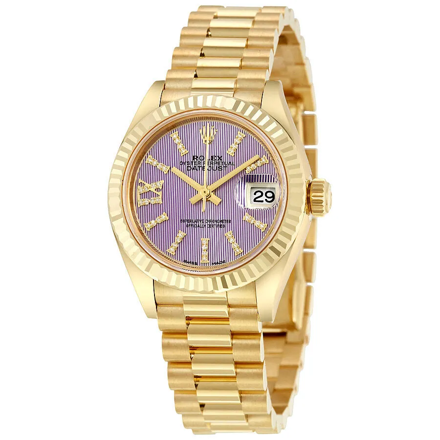Rolex Lady-Datejust 28 Lilac Dial 18K Yellow Gold President Automatic Ladies Watch 279178LIRSDP
