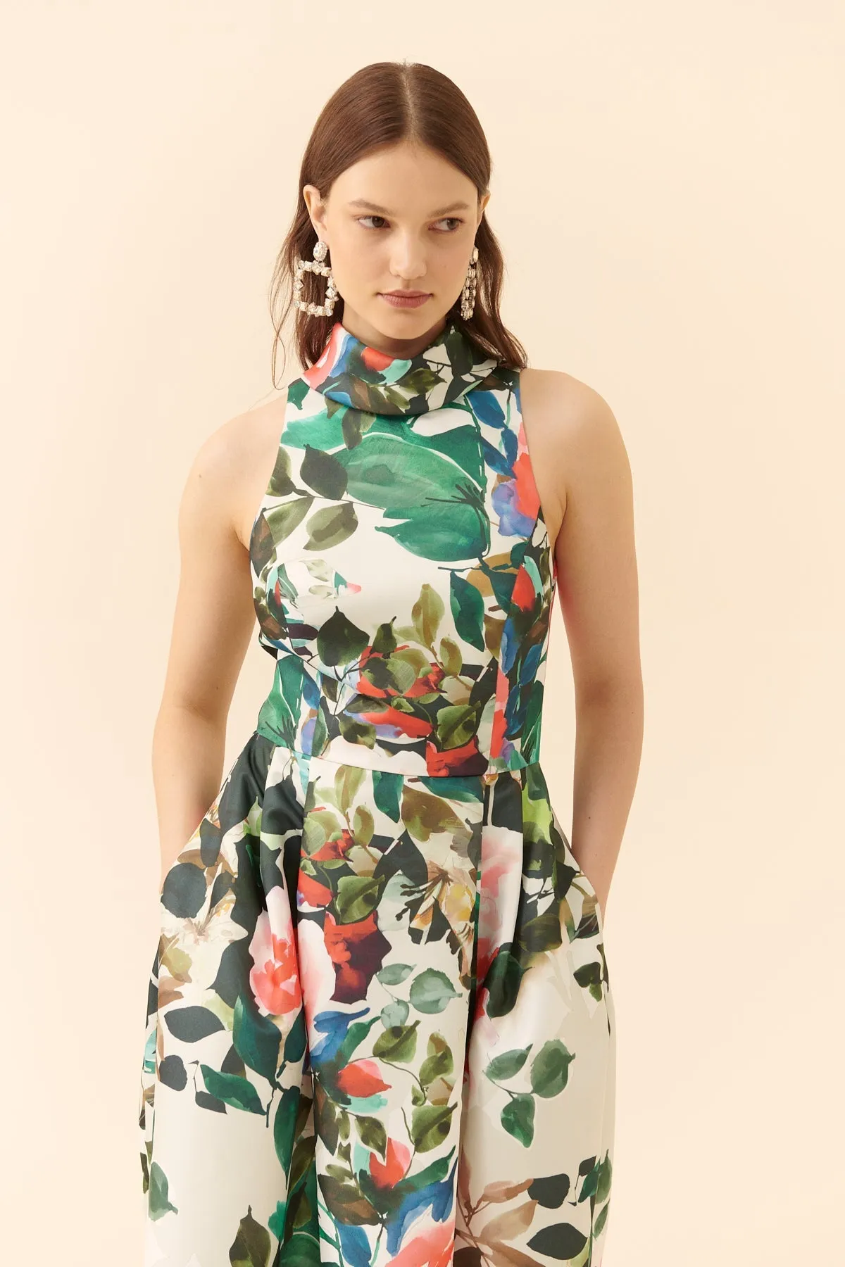 Roman Floral Patterned Sleeveless Dress Multi Color