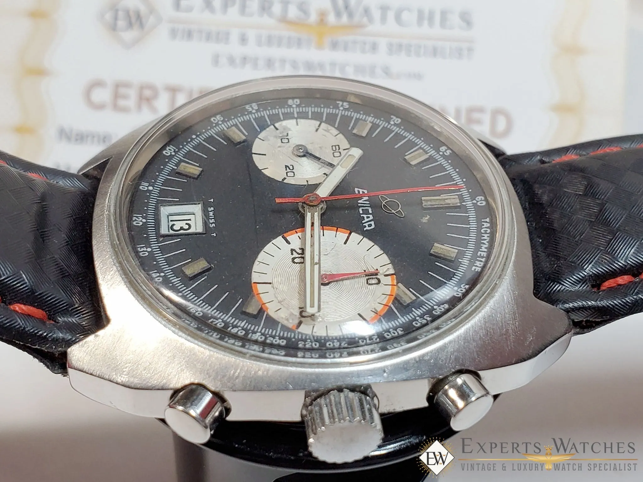 Serviced 1960 Vintage Enicar Big Eye Chronograph Watch Tropical Valjoux 23 Date