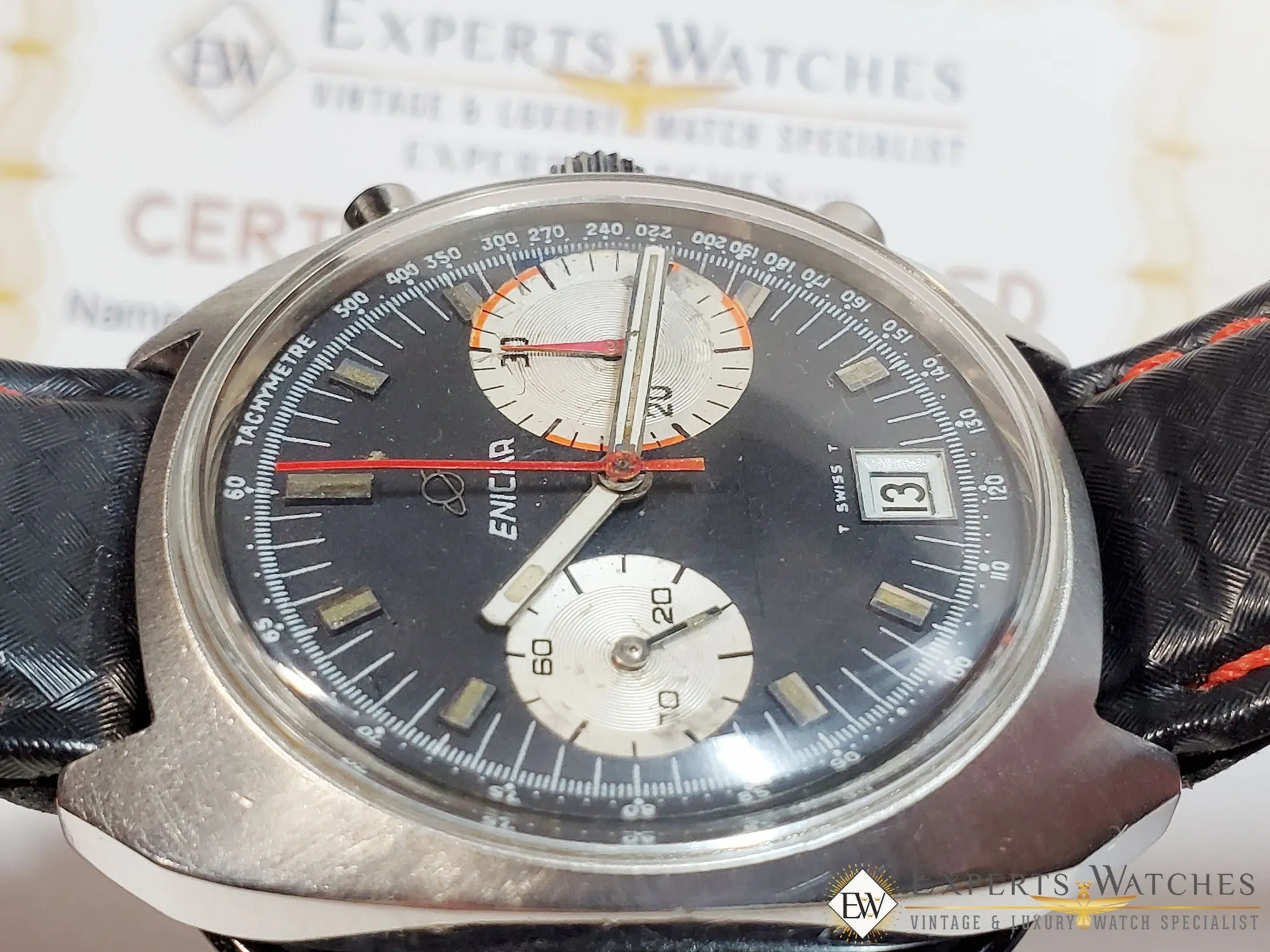 Serviced 1960 Vintage Enicar Big Eye Chronograph Watch Tropical Valjoux 23 Date