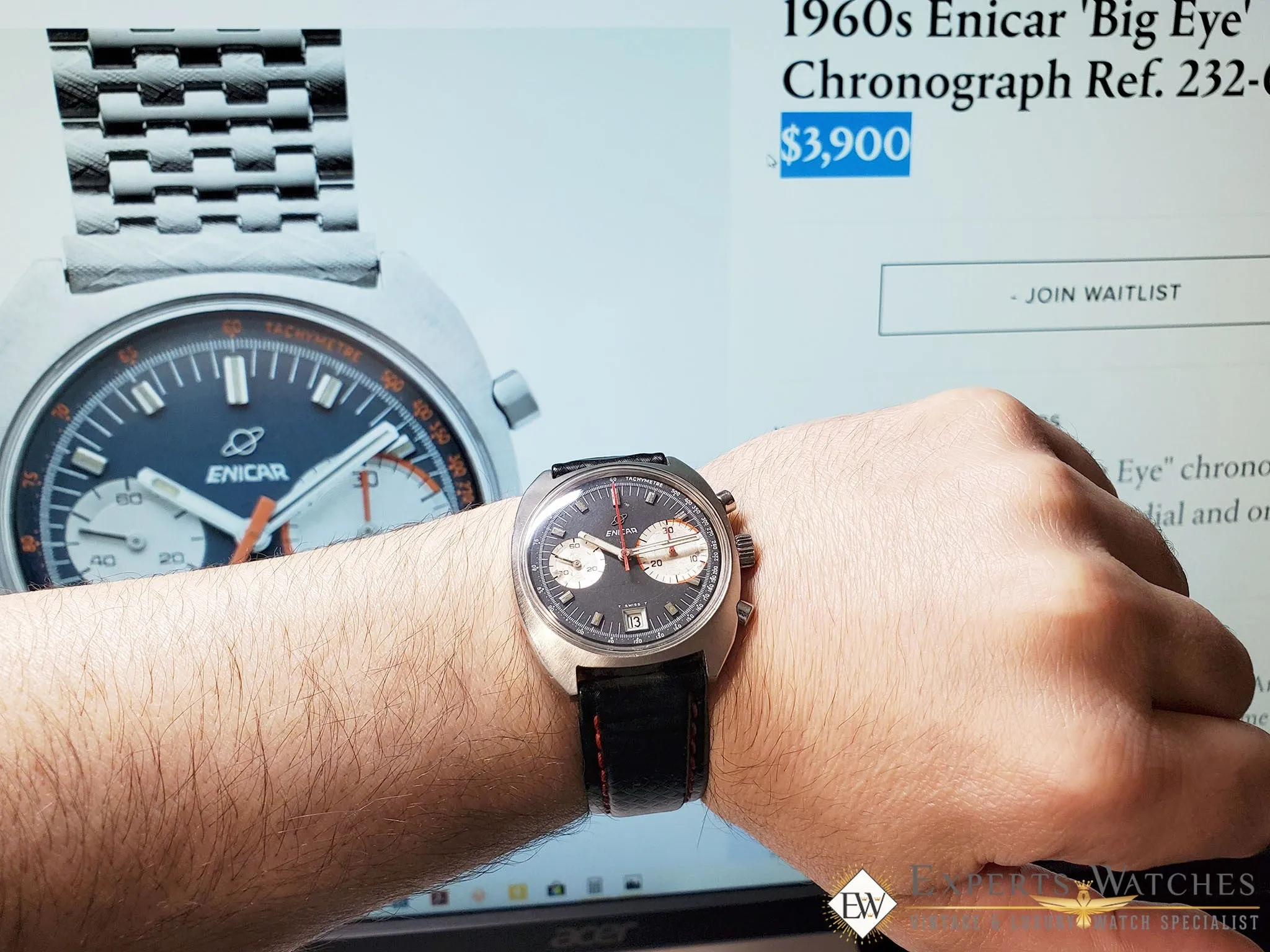 Serviced 1960 Vintage Enicar Big Eye Chronograph Watch Tropical Valjoux 23 Date
