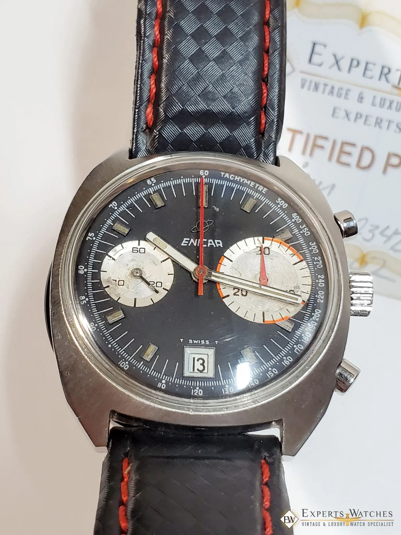 Serviced 1960 Vintage Enicar Big Eye Chronograph Watch Tropical Valjoux 23 Date