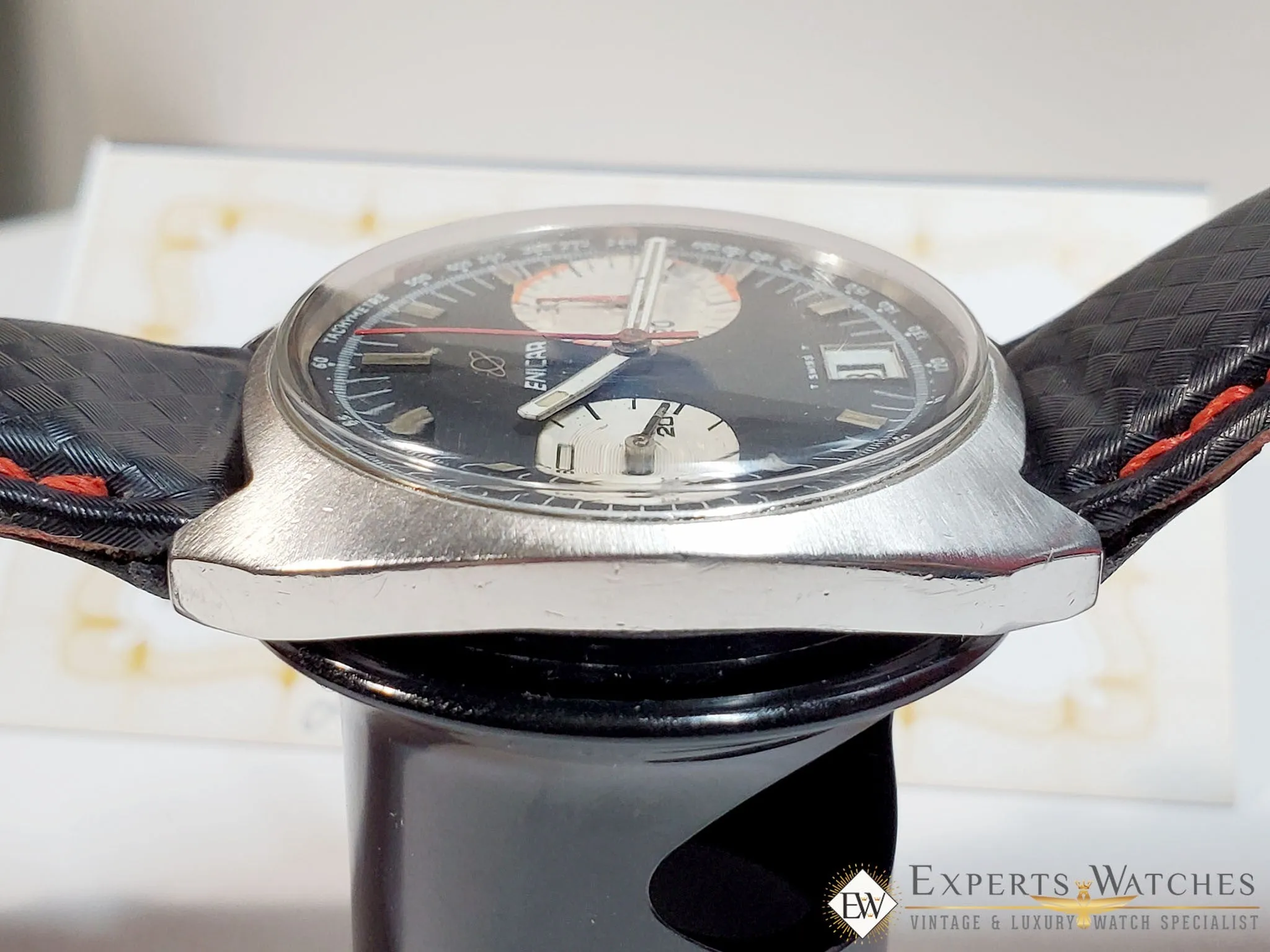 Serviced 1960 Vintage Enicar Big Eye Chronograph Watch Tropical Valjoux 23 Date