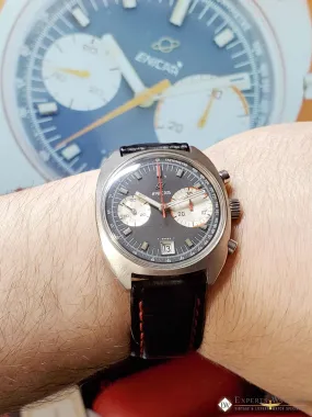 Serviced 1960 Vintage Enicar Big Eye Chronograph Watch Tropical Valjoux 23 Date