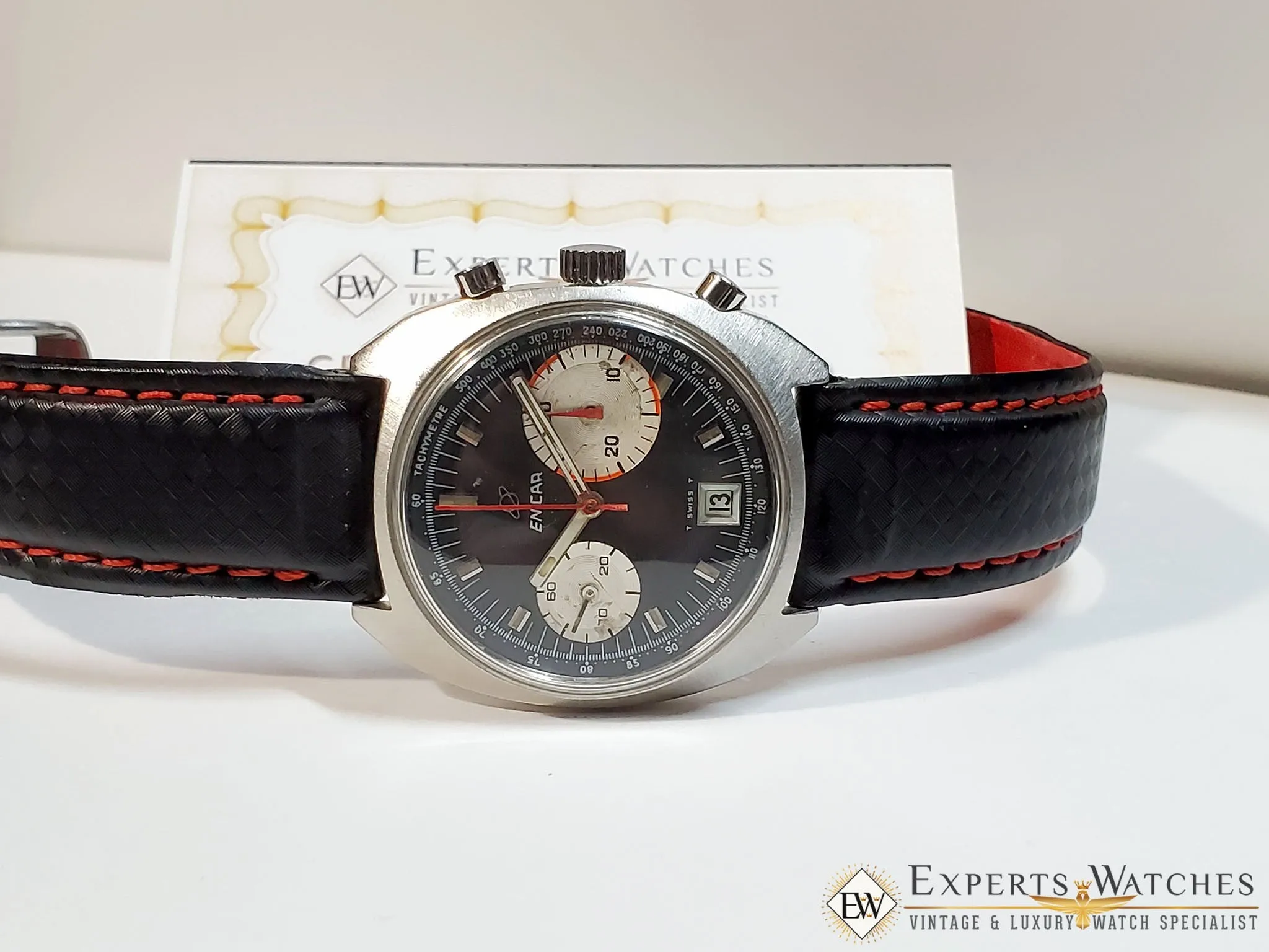 Serviced 1960 Vintage Enicar Big Eye Chronograph Watch Tropical Valjoux 23 Date
