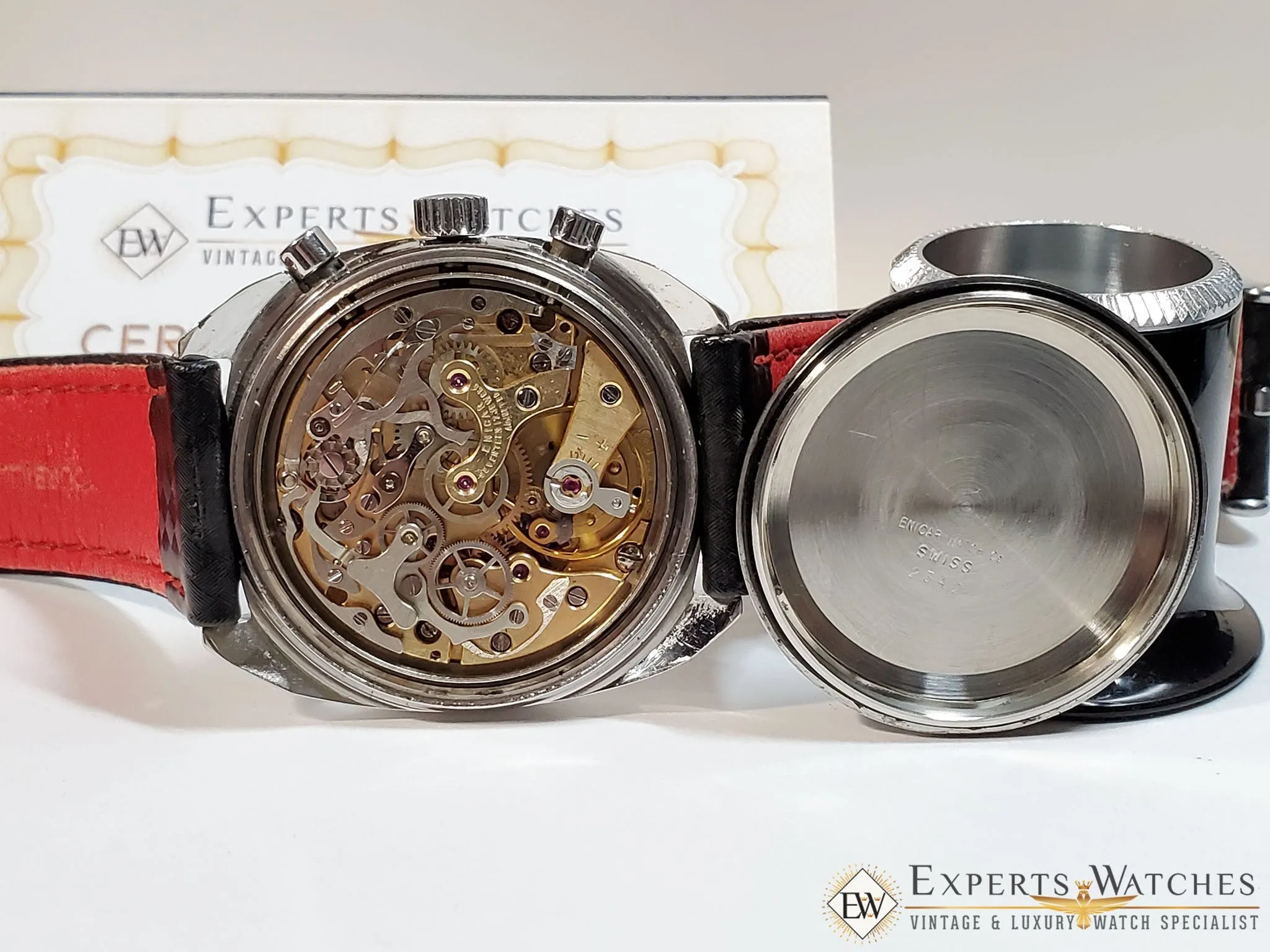 Serviced 1960 Vintage Enicar Big Eye Chronograph Watch Tropical Valjoux 23 Date