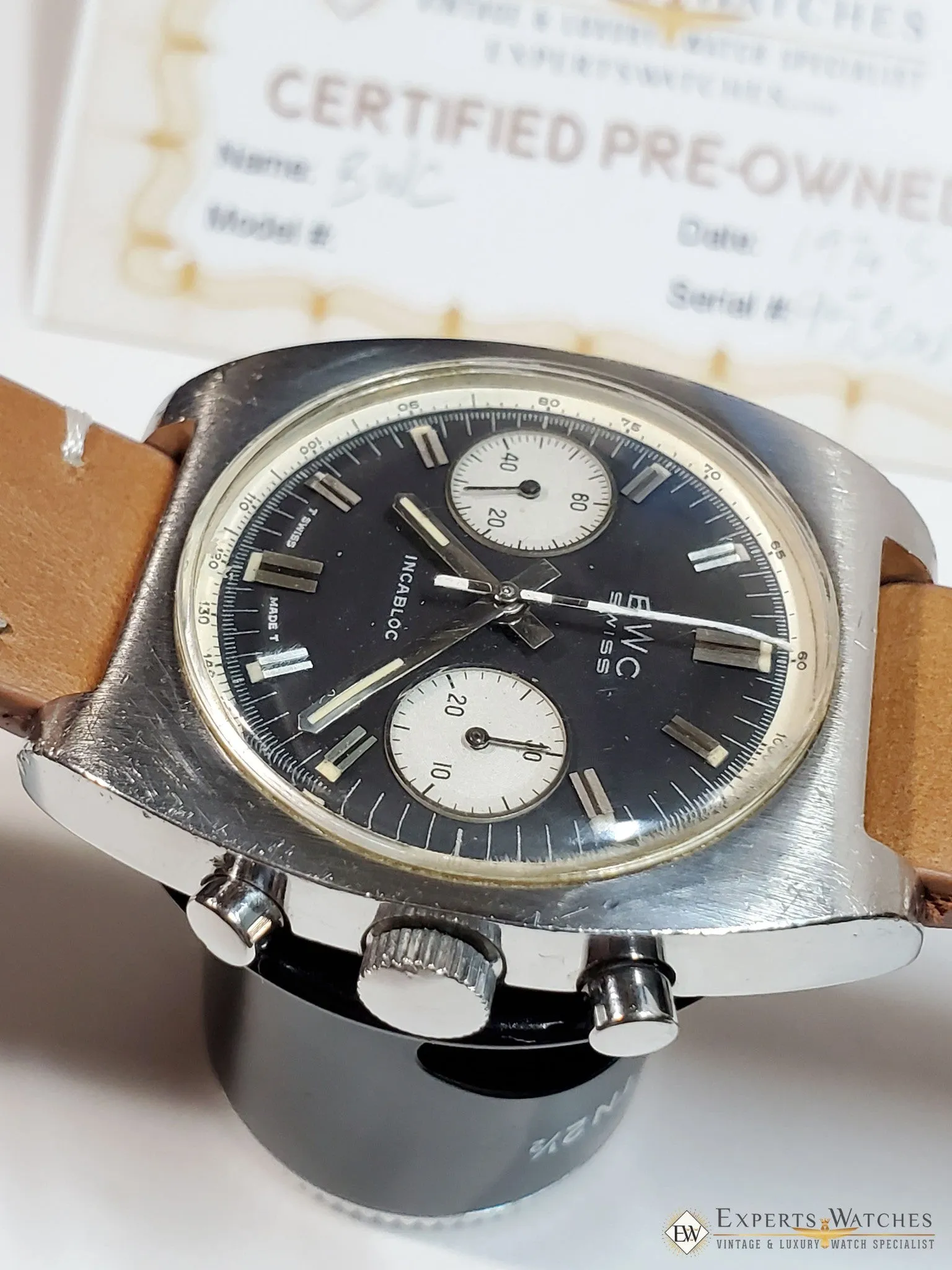 Serviced Vintage 1970's BWC Military Chronograph 7733 Watch Panda Tropical Dial