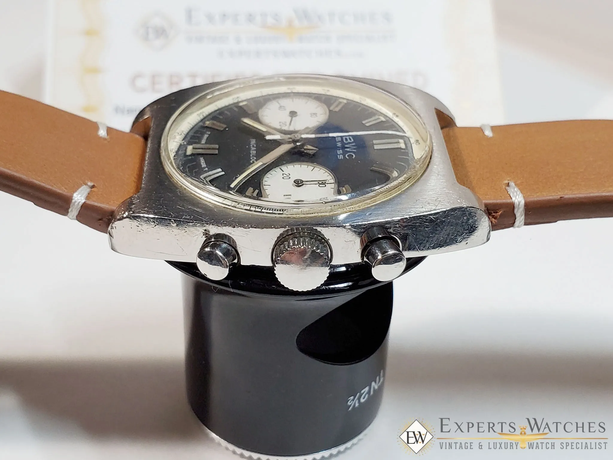 Serviced Vintage 1970's BWC Military Chronograph 7733 Watch Panda Tropical Dial