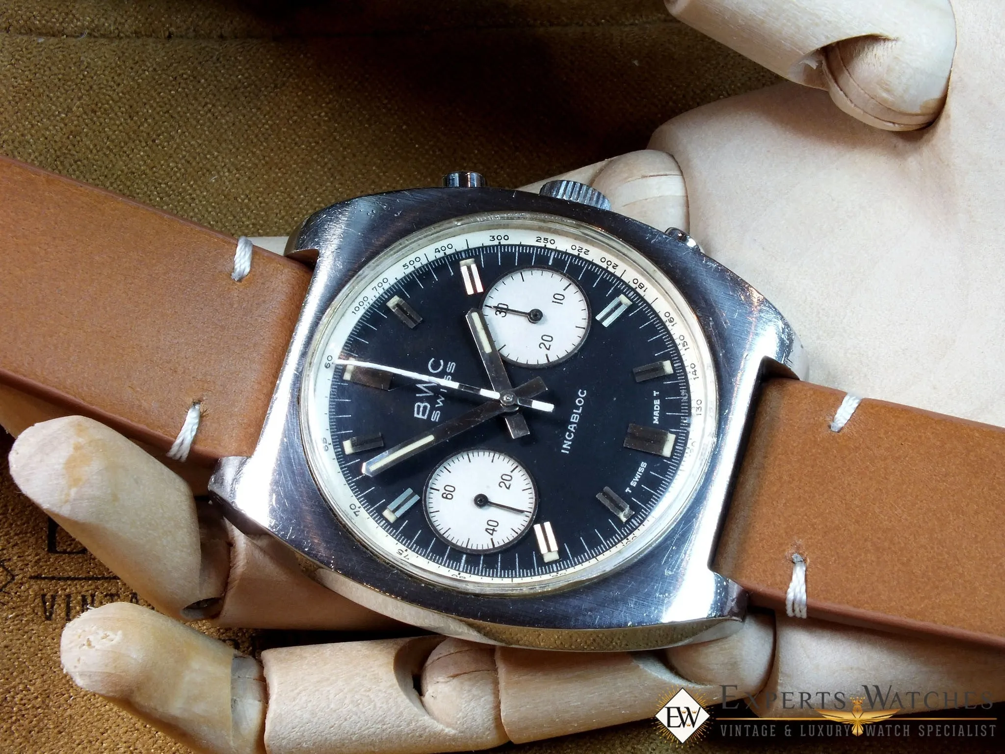 Serviced Vintage 1970's BWC Military Chronograph 7733 Watch Panda Tropical Dial
