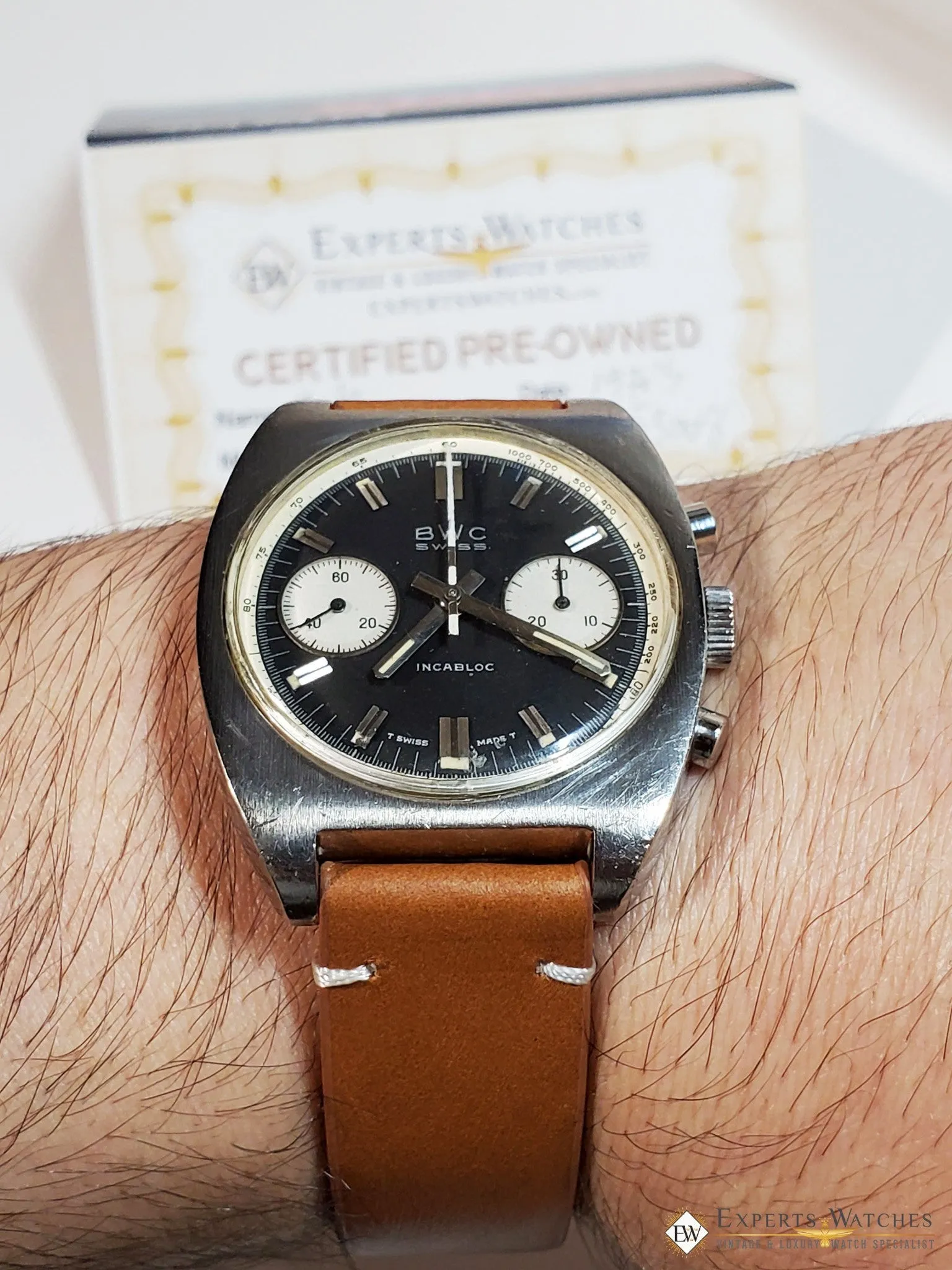 Serviced Vintage 1970's BWC Military Chronograph 7733 Watch Panda Tropical Dial