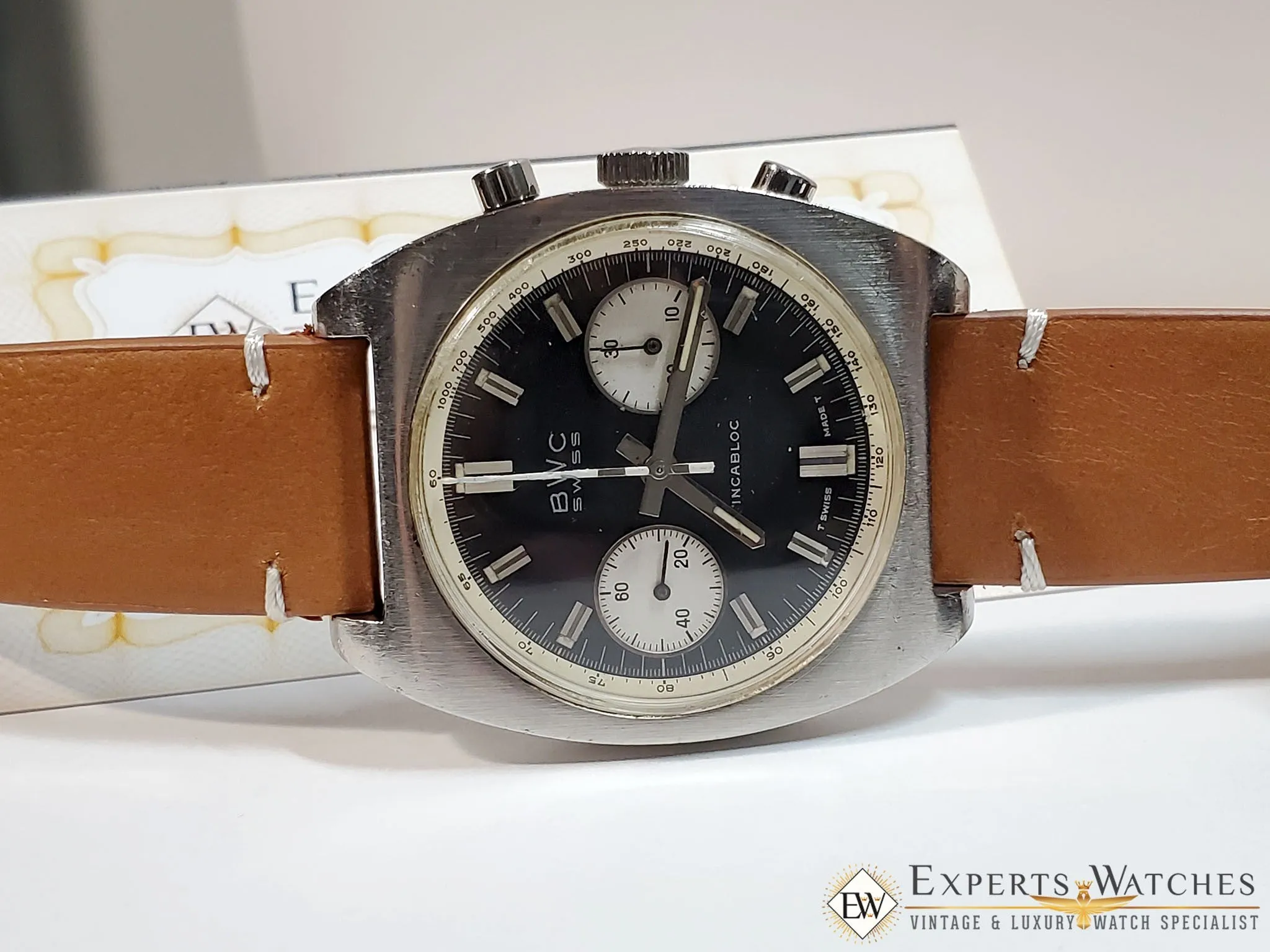 Serviced Vintage 1970's BWC Military Chronograph 7733 Watch Panda Tropical Dial