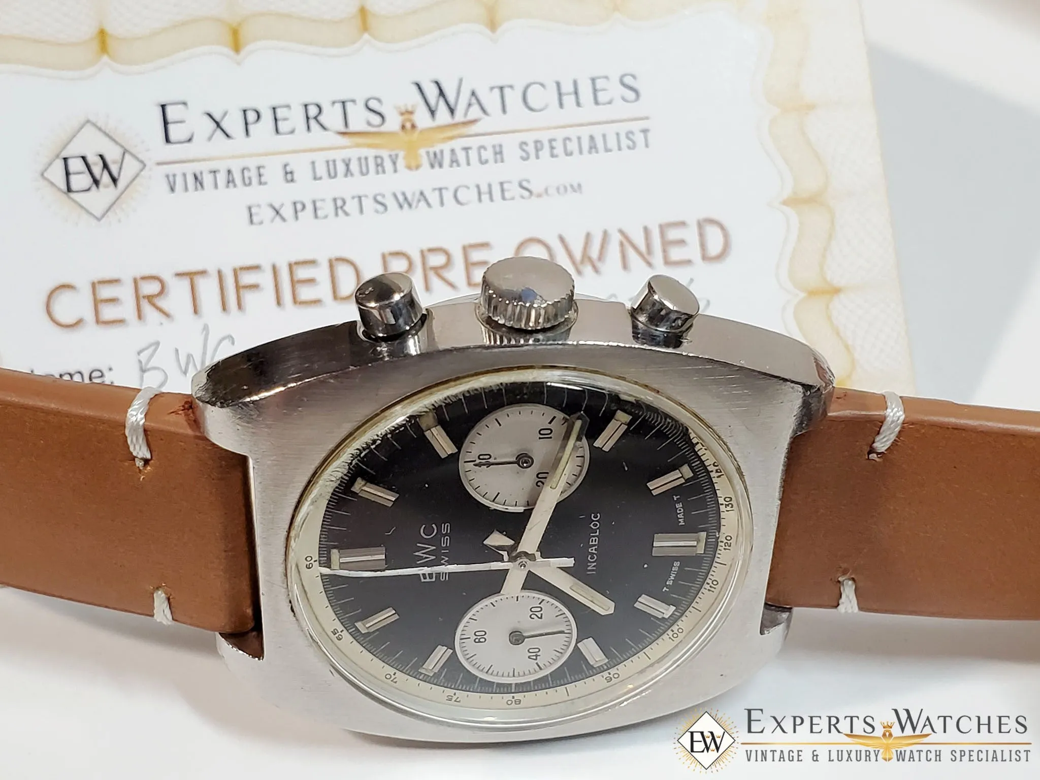 Serviced Vintage 1970's BWC Military Chronograph 7733 Watch Panda Tropical Dial