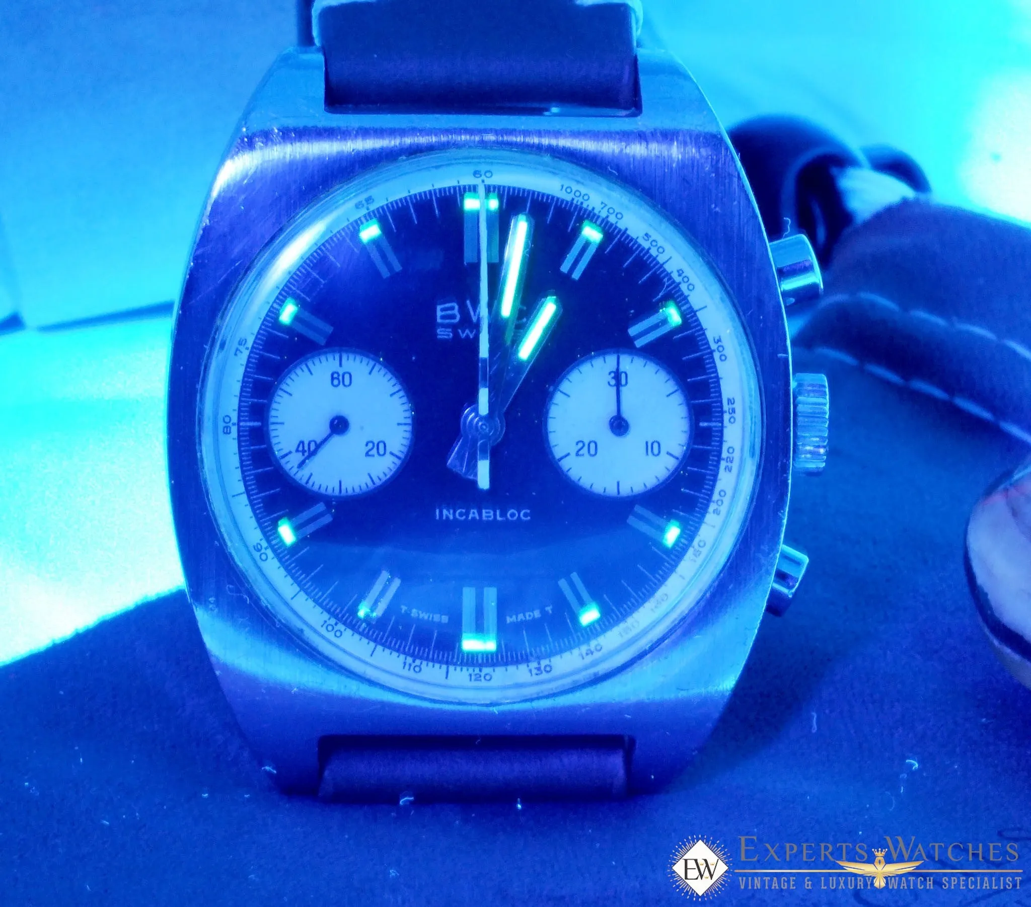 Serviced Vintage 1970's BWC Military Chronograph 7733 Watch Panda Tropical Dial