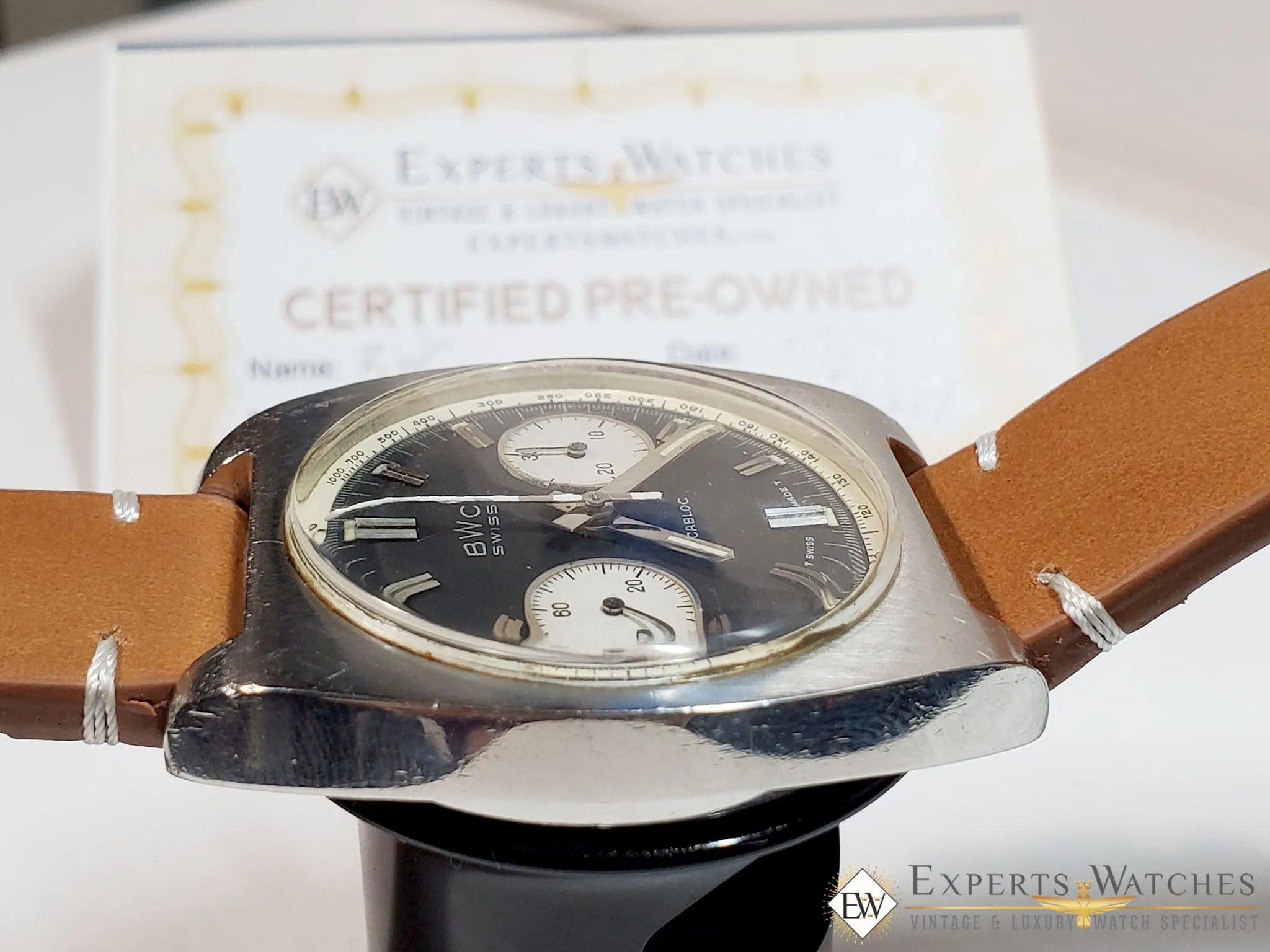 Serviced Vintage 1970's BWC Military Chronograph 7733 Watch Panda Tropical Dial