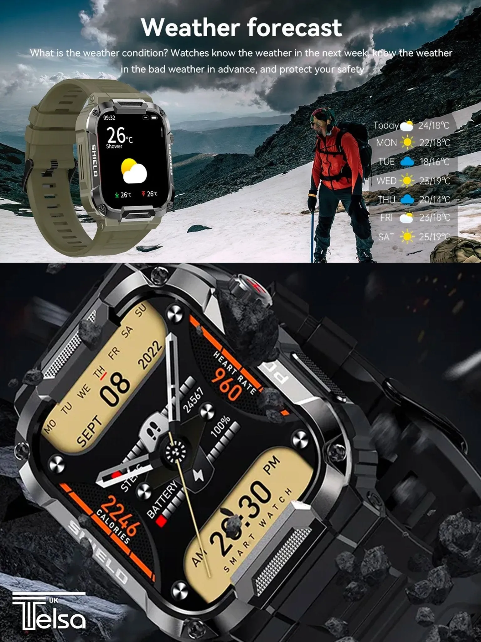 TELSA UK - Smart Watch Waterproof IP68 military style mens Sports & fitness digital Watch with Touch Screen display, Fitness Watch, Heart Rate, Step counter Smart Watch for men IOS & Android