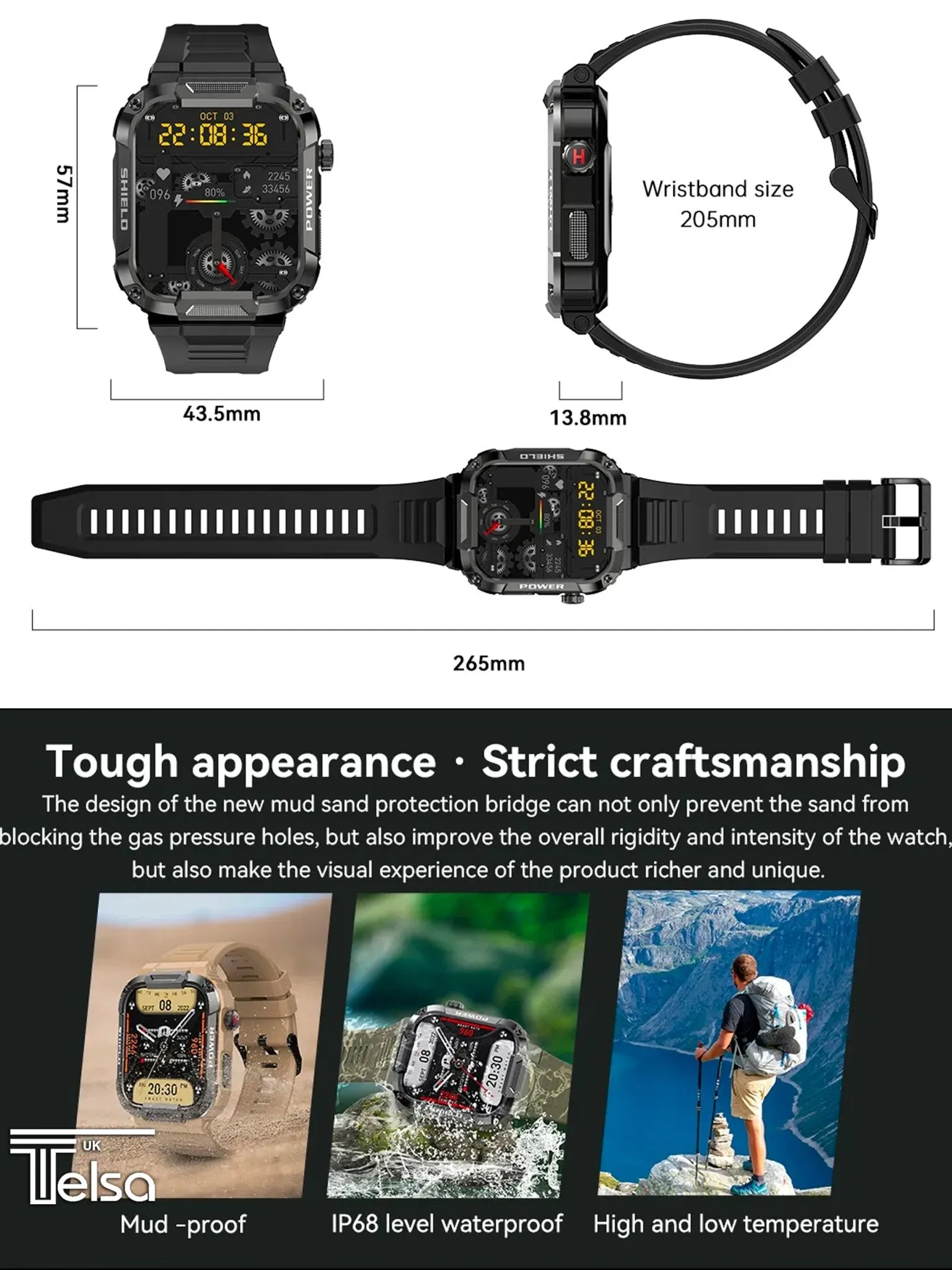 TELSA UK - Smart Watch Waterproof IP68 military style mens Sports & fitness digital Watch with Touch Screen display, Fitness Watch, Heart Rate, Step counter Smart Watch for men IOS & Android