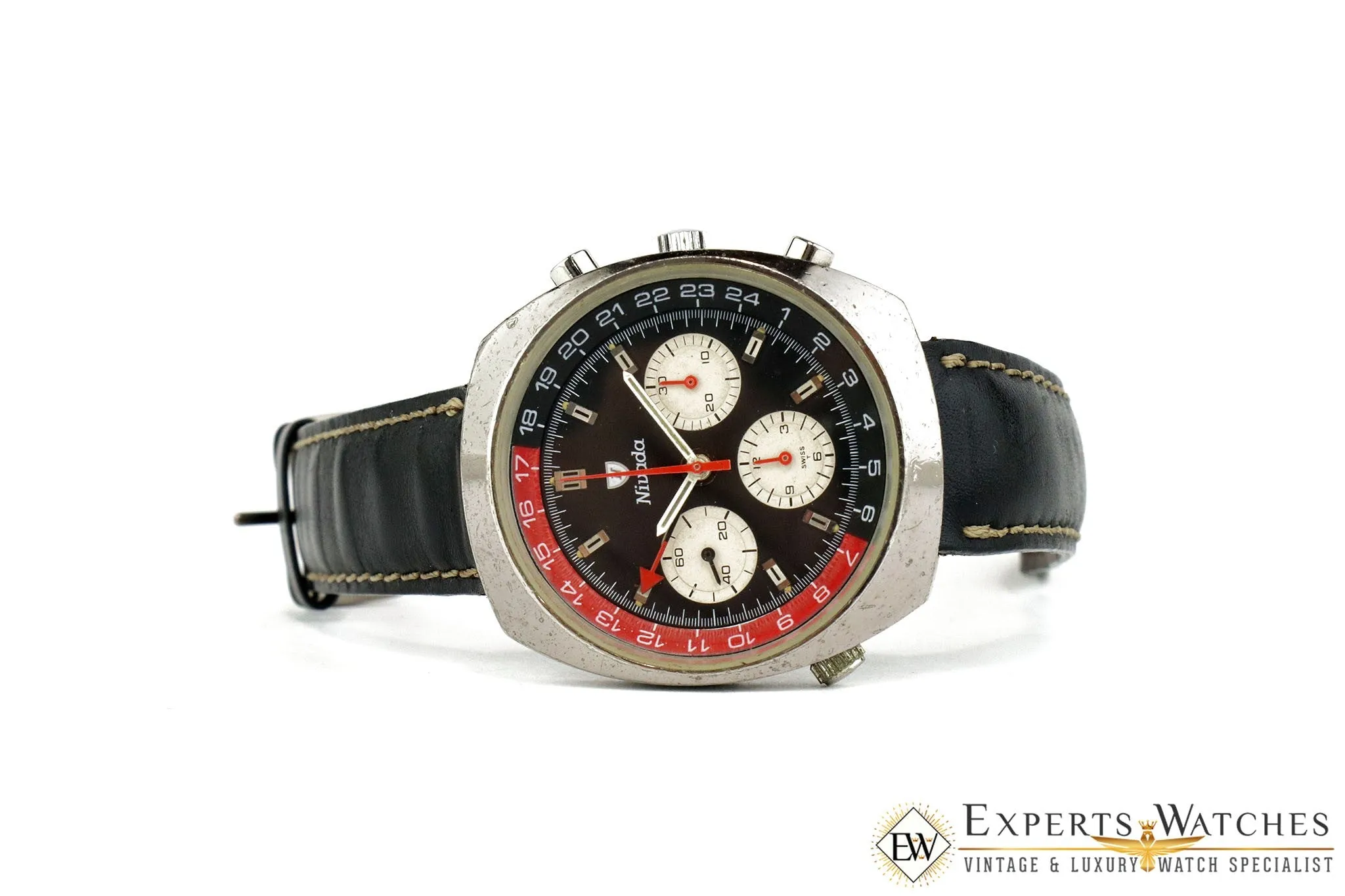 Vintage 1960's Nivada Panda Tropical Chronograph GMT 5750 Valjoux 724 Watch COKE