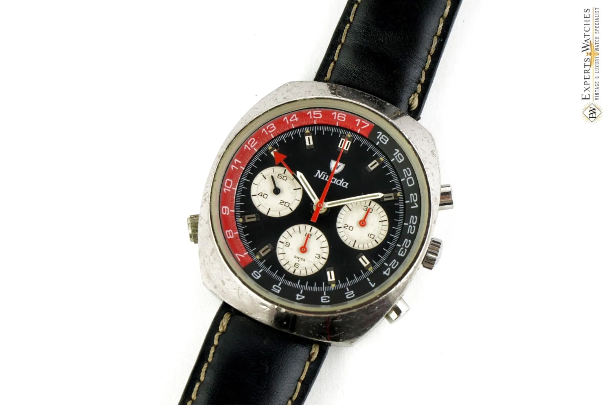 Vintage 1960's Nivada Panda Tropical Chronograph GMT 5750 Valjoux 724 Watch COKE