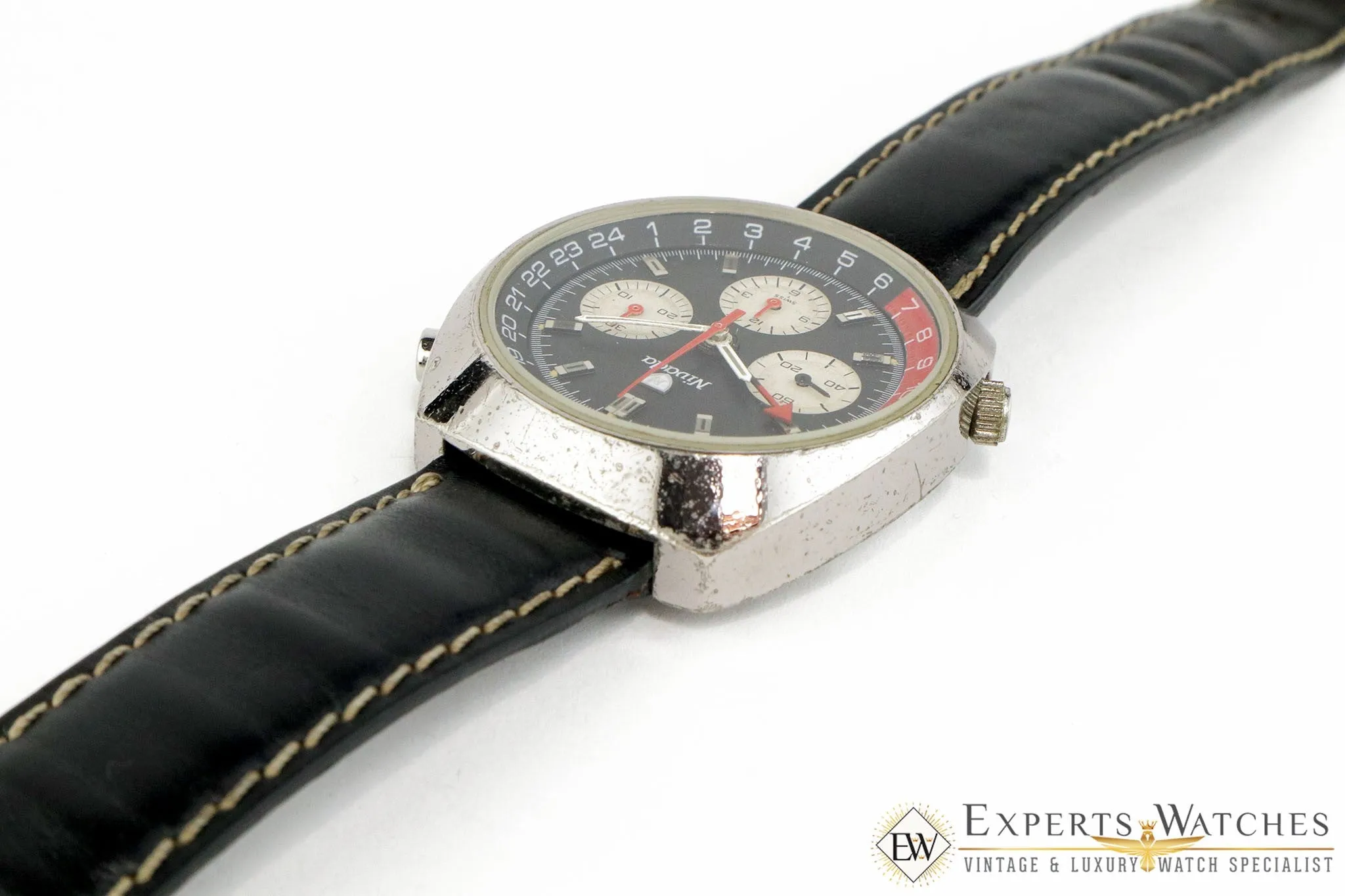 Vintage 1960's Nivada Panda Tropical Chronograph GMT 5750 Valjoux 724 Watch COKE