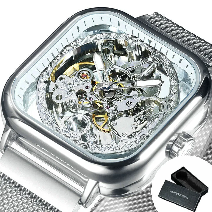 Vintage Gold Square Skeleton Automatic Mechanical Watch Engraving Movement Unisex Winding Watches for Men Stainless Steel Strap Forsining
